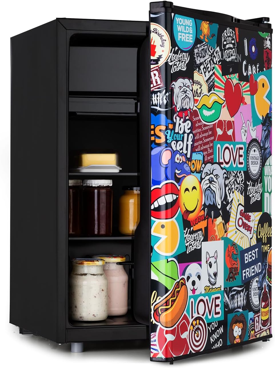 Klarstein Kühl-Gefrierkombination, Cool Vibe - Kühlschrank, Volumen: 70 Liter, VividArt Concept: Tür mit Stickerbomb-Design Print, Eisfach
