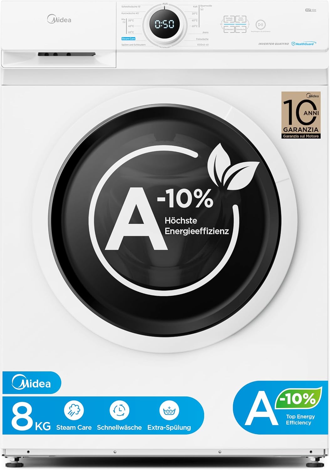 Midea Waschmaschine,   Waschmaschine 8 kg Energieklasse A-10% 1400 U/Min Weiß