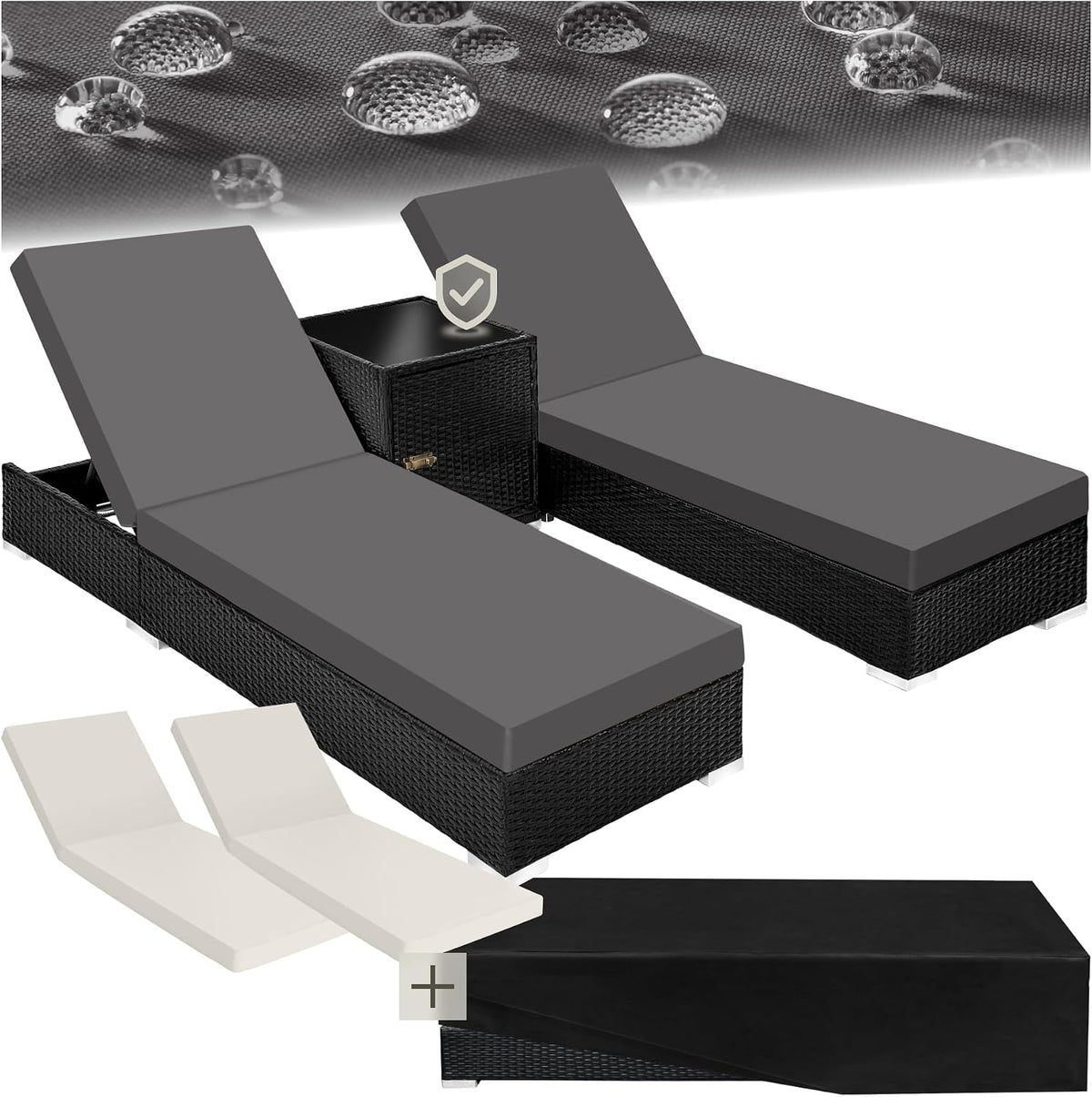 Liege 2er ® Garten Lounge Sonnen, n Set mit Tisch, Aluminium Gartenliege, Gartenlounge Outdoor, Relaxliege inkl. 2 Bezugsets und Schutzhülle