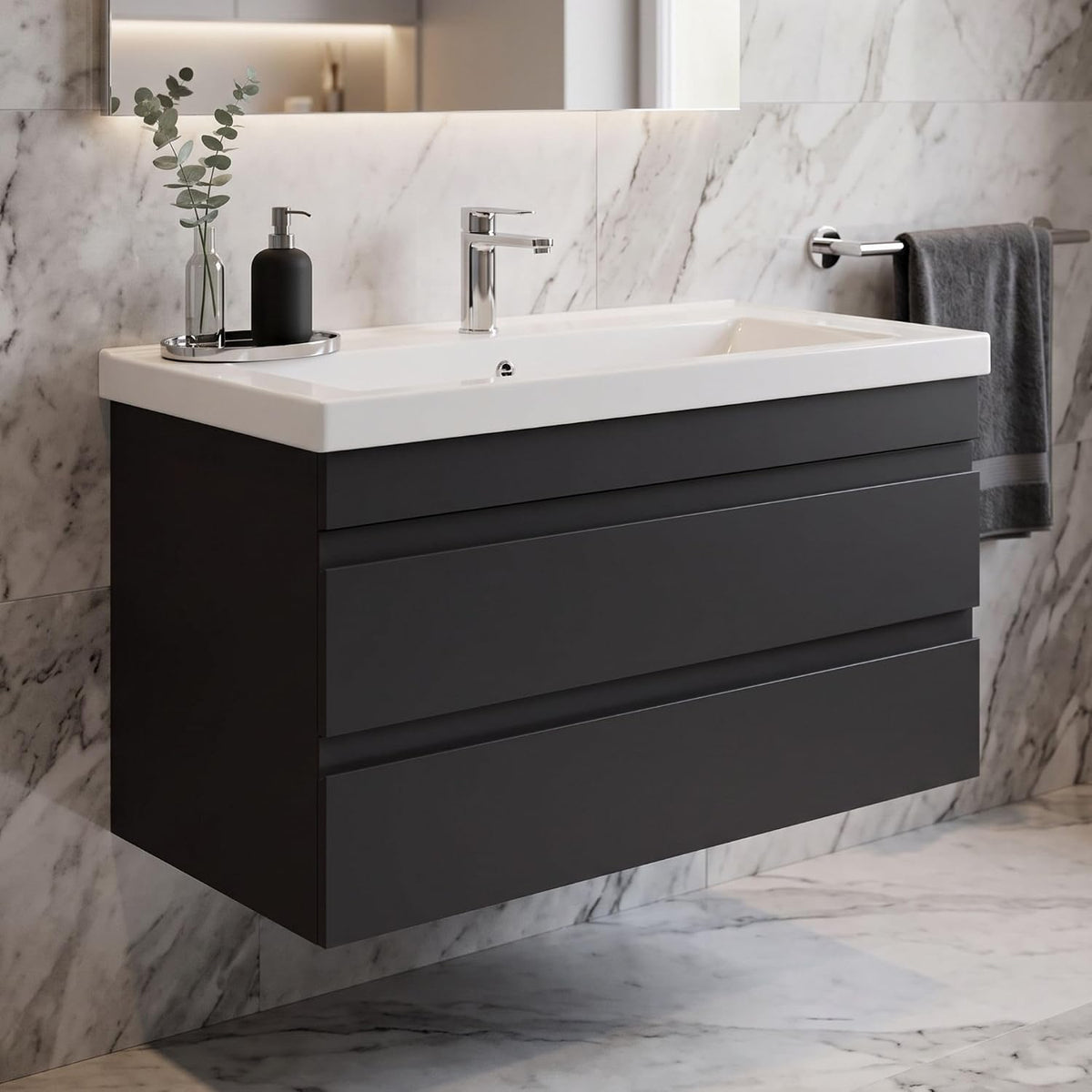 Spültisch, Waschtisch mit Unterschrank Lara, Keramik-Waschbecken, Softclose-Schublade, minimalistisches Design (100 cm, ohne Konsole