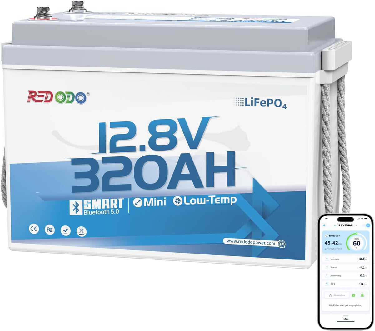 Redodo Deep-Cycle-Batterie, 12V 320Ah B190 LiFePO4 Batterie mit Bluetooth, Mini-Gehäuse, IP65