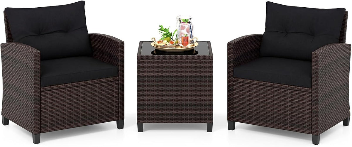 Gartenmöbel-Set, 3-TLG. Balkonmöbel inkl. 2 Sessel, Kissen & Tisch mit gehärteter Glasplatte, Balkon Möbel klein, Wetterfeste Sitzgruppe 2 Personen