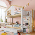 Kinderbett, 90 × 200, Etagenbett für 2 Kinder, Hausbett Hochbett mit Ausziehbett&Treppe&Fenstern&Dach