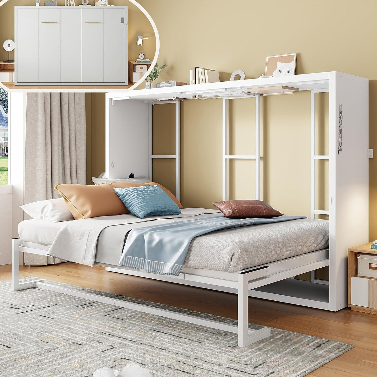 Bett Schrank, 140 × 200, Metallrahmen Wandbett mit Lattenrost, Klappbett mit Schrank