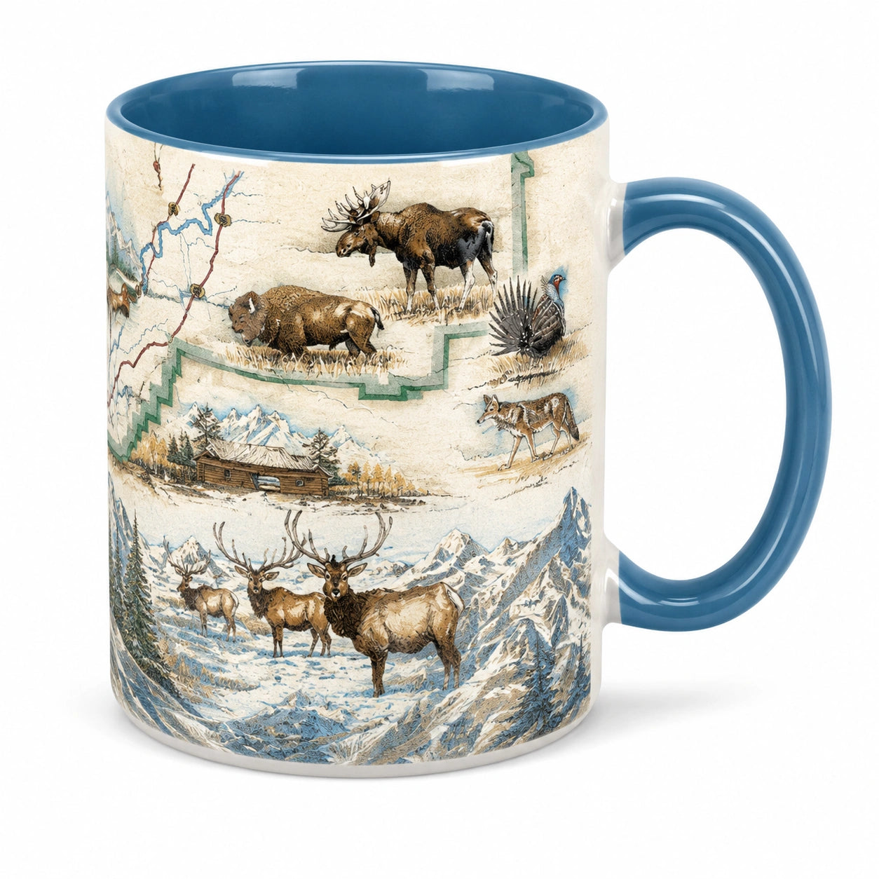 Kaffeebecher 330 ml Keramik Blau mit Wildtiermotiv für Heißgetränke