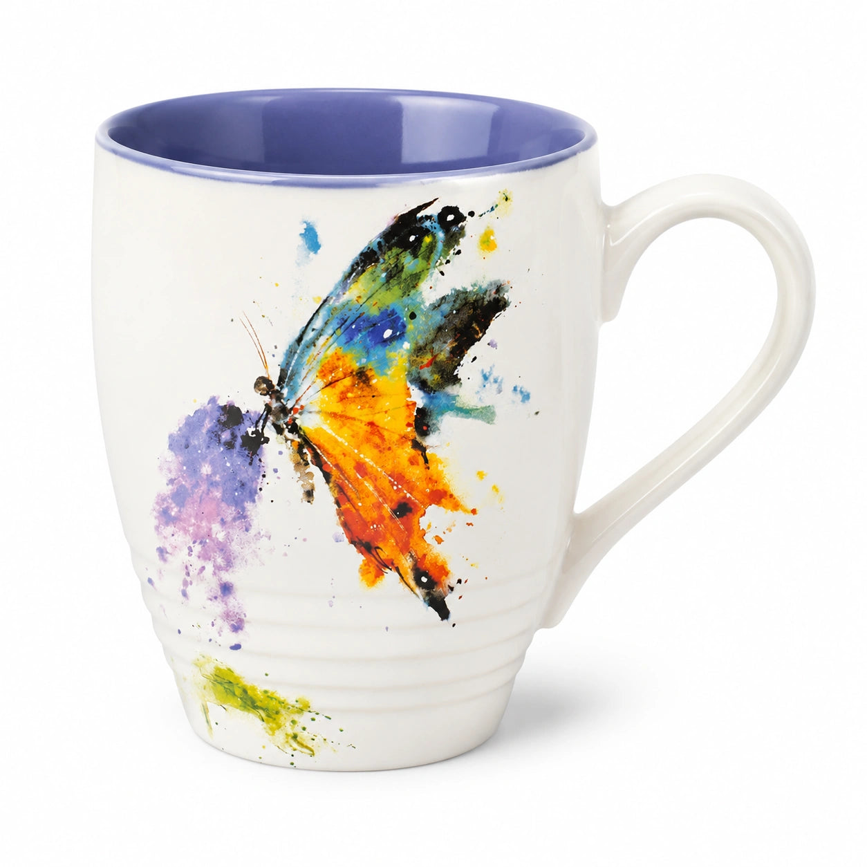 Keramiktasse 350 ml Weiß Blau mit Schmetterlingsmotiv und Henkel