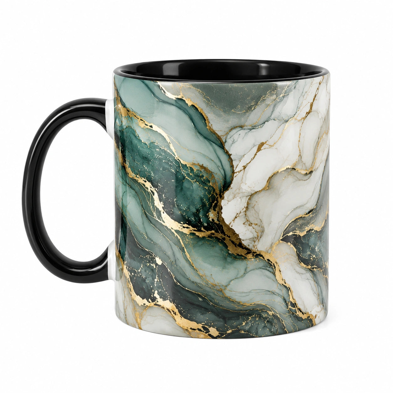 Tasse 330 ml Keramik Grün Weiß Gold Marmoroptik mit schwarzem Henkel