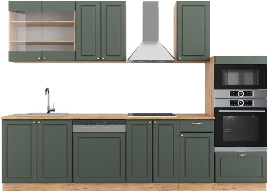 Vicco Küchenzeile,   Küchenzeile Fame-Line, Grün-Gold Landhaus/Goldkraft Eiche, 300