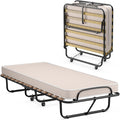 Bettgestell, 80x190cm Gästebett mit Matratze aus Rückstellschaum, Klappbares Einzelbett, Stabiler Metallbett bis 130kg belastbar, Klappbett auf Rädern