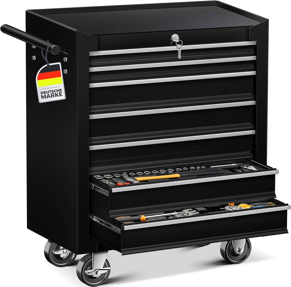 Werkzeugschrank, ® Werkstattwagen rollbar 7 Schubladen abschließbar, mobiler Rollwagen zur Werkzeugaufbewahrung mit Schloss & Kugellager-Schubladen