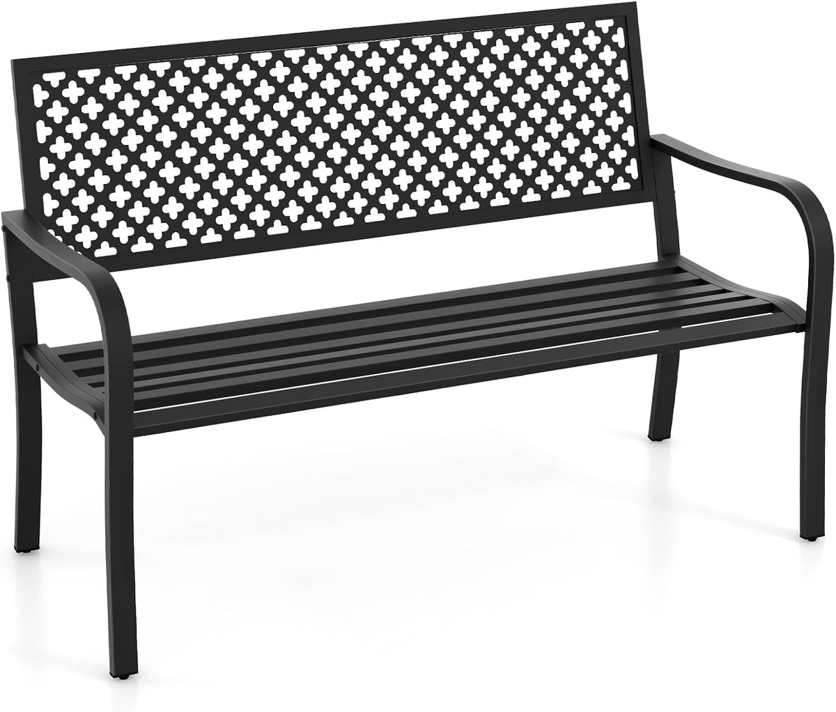 Sitzbank Gartenbank Metall wetterfeste, für 2-3 Sitzer, Parkbank mit Rückenlehne & Armlehne, Metallbank bis 300 kg belastbar, Eisenbank für Garten