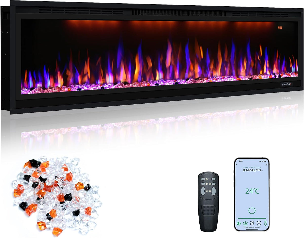 Oxhark Flame Kamine, mehrfarbige Flammeneffekte mit realistischen Holzscheiten, Thermostat mit Timer, 750/1500 W, Schwarz