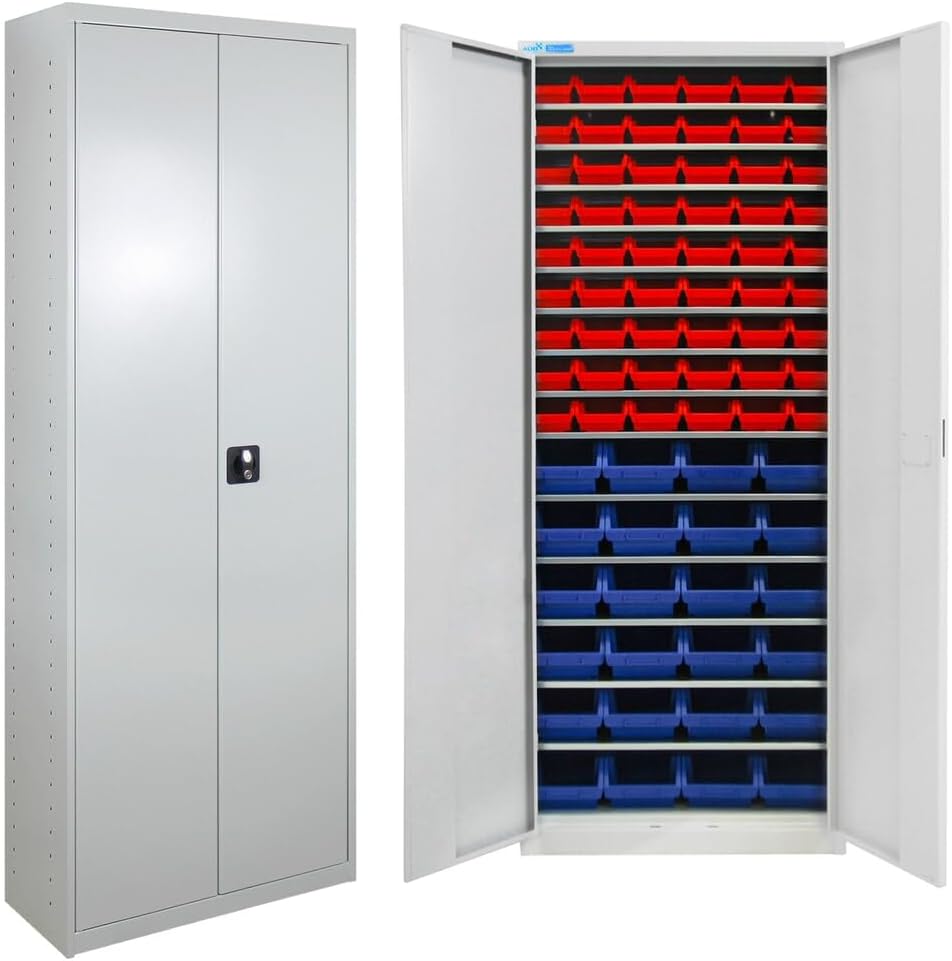Aufbewahrungsschrank, Flügeltürenschrank mit Sichtlagerkästen, H195xB71xT30 cm, Grau, HEMMDAL