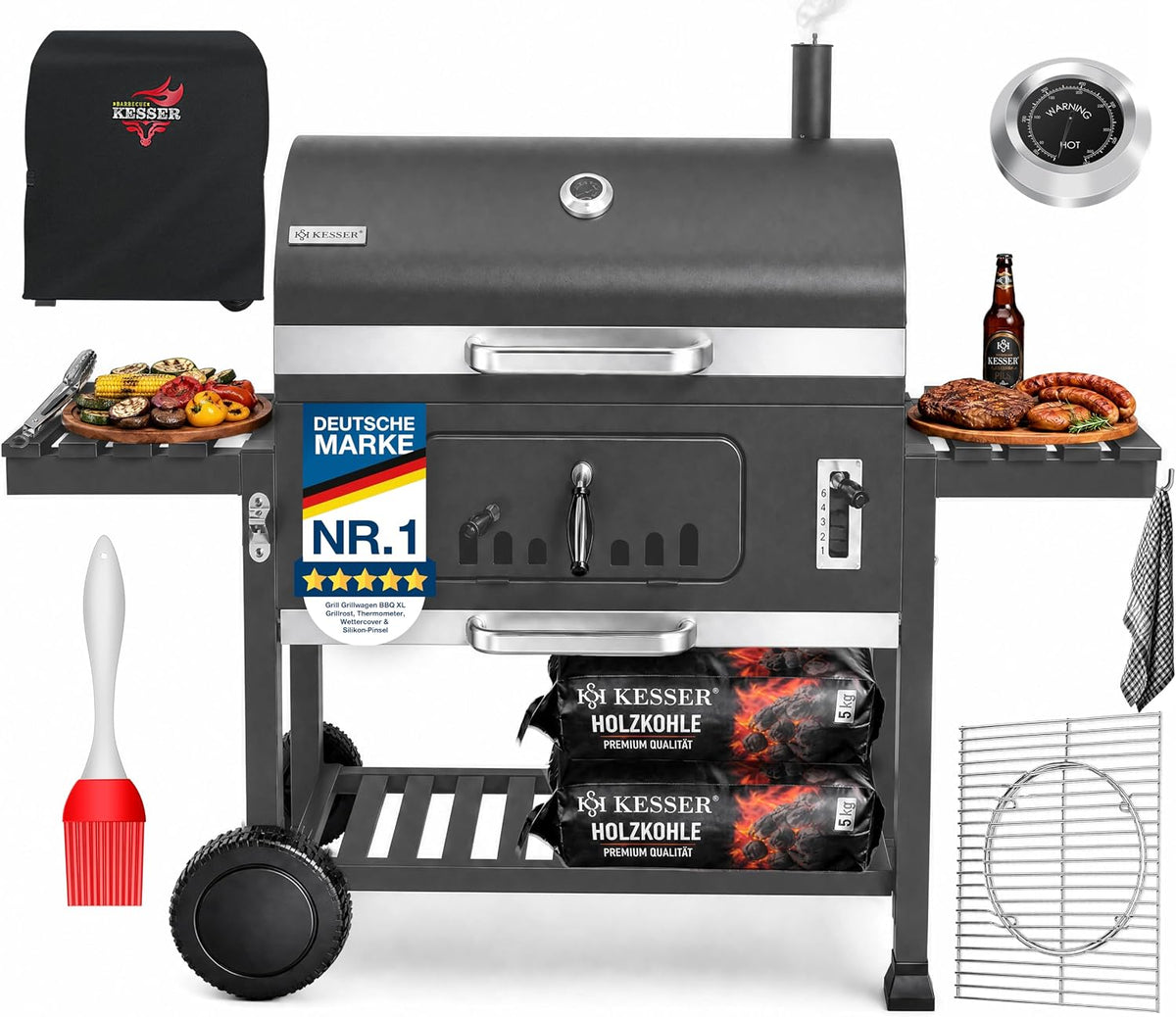 KESSER XXL ® Holzkohlegrill Grillwagen, Set mit Deckel & Thermometer, großer BBQ Kohlegrill Wagen, Smoker Grill mit Kamin & Lüftung, mit Grillrost