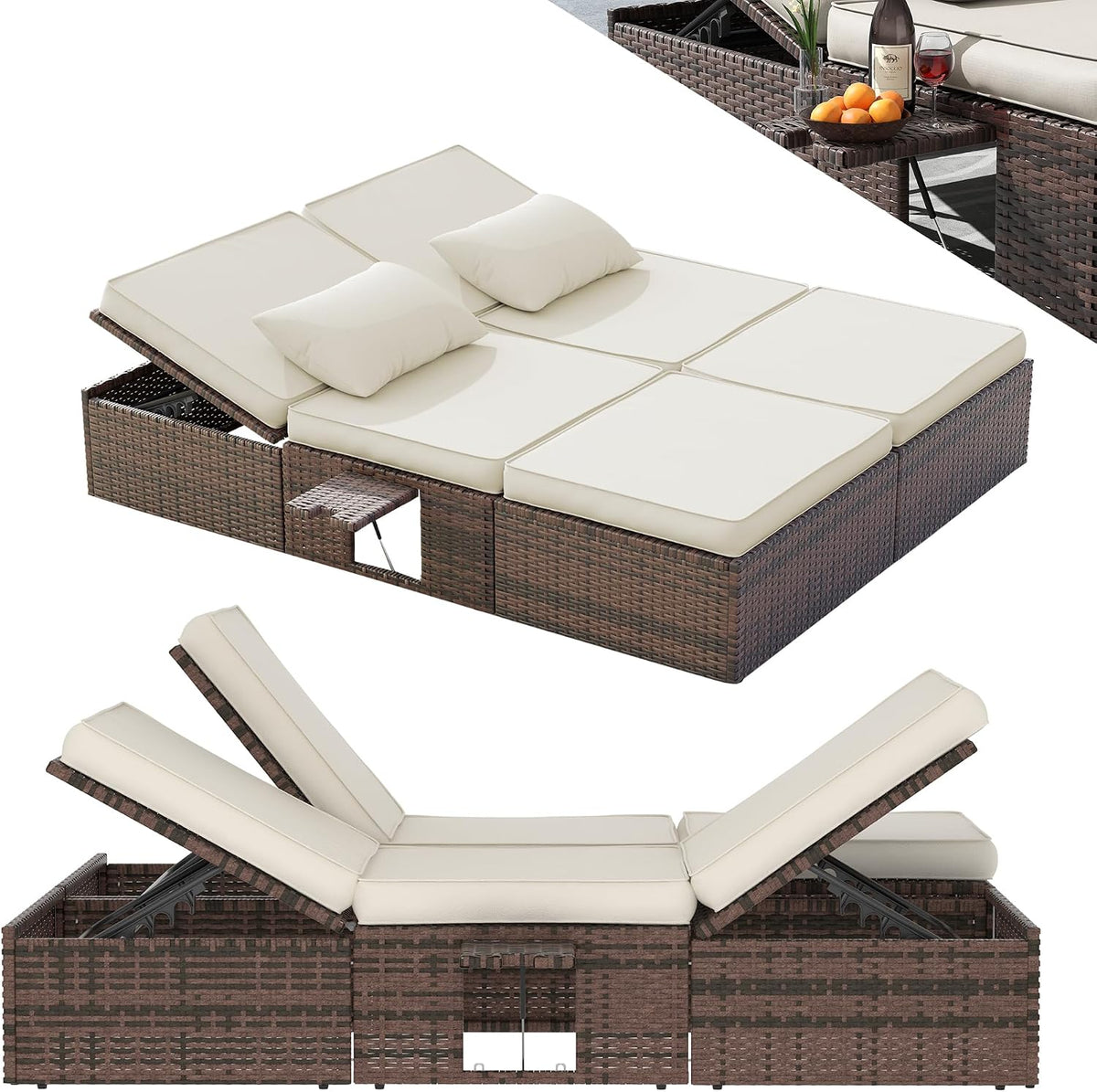 Liege XXL Rattan Garten, wetterfest, 200 × 160 cm Polyrattan Sonnenliege für 2 Personen
