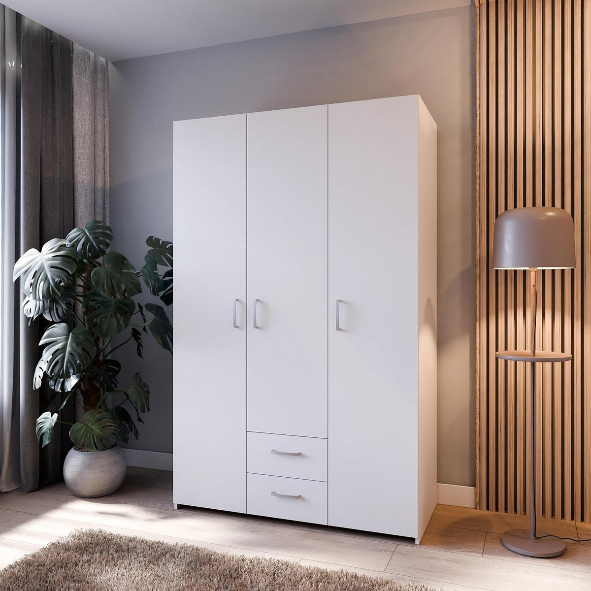Kleiderschrank ECONOBOX, 120, 3-türiger Drehtürenschrank mit 2 Schubladen, Holzwerkstoff, Weiß, 119, 4 cm breit, 190, 5 cm hoch, 54, 4 cm tief, Forte