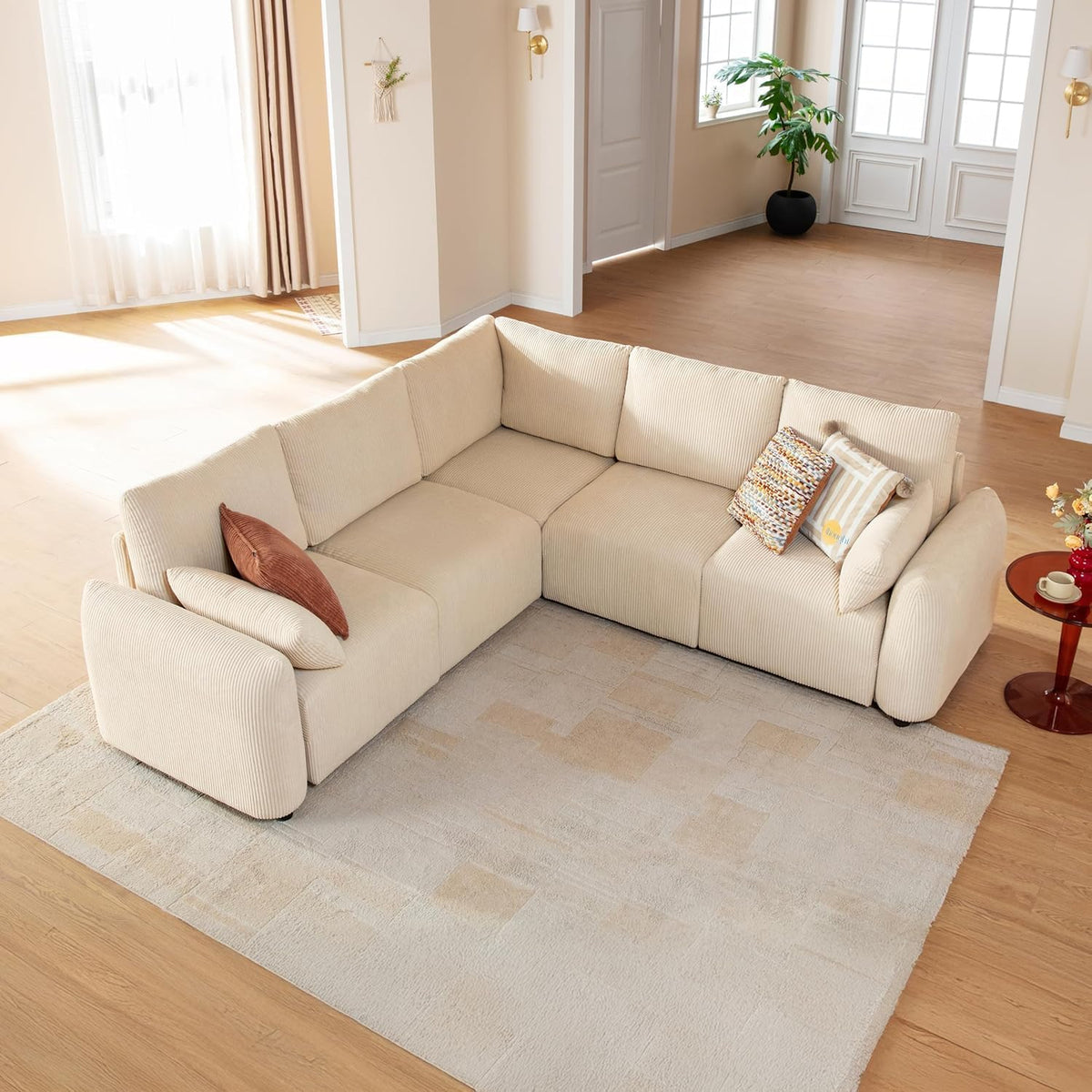 Sofa Modulares Eck, 245cm, modernes Cord-Schlafsofa in L-Form, 5 Sitzer individuell konfigurierbare Wohnlandschaft, hochdichter Memory-Schaum