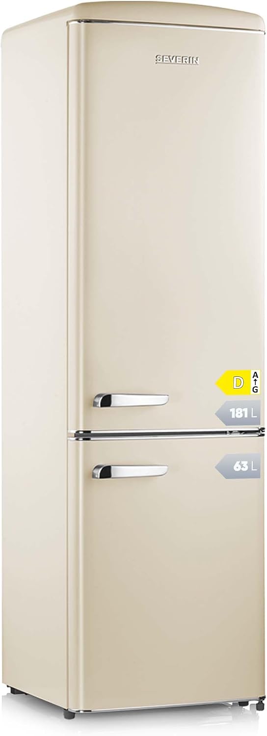 SEVERIN Kühl-Gefrierkombination, Kühlschrank im Retro-Design mit Chrom-Applikationen, LED-Beleuchtung, 1-7°C, 244 L Nettovolumen, nur 39 dB, creme