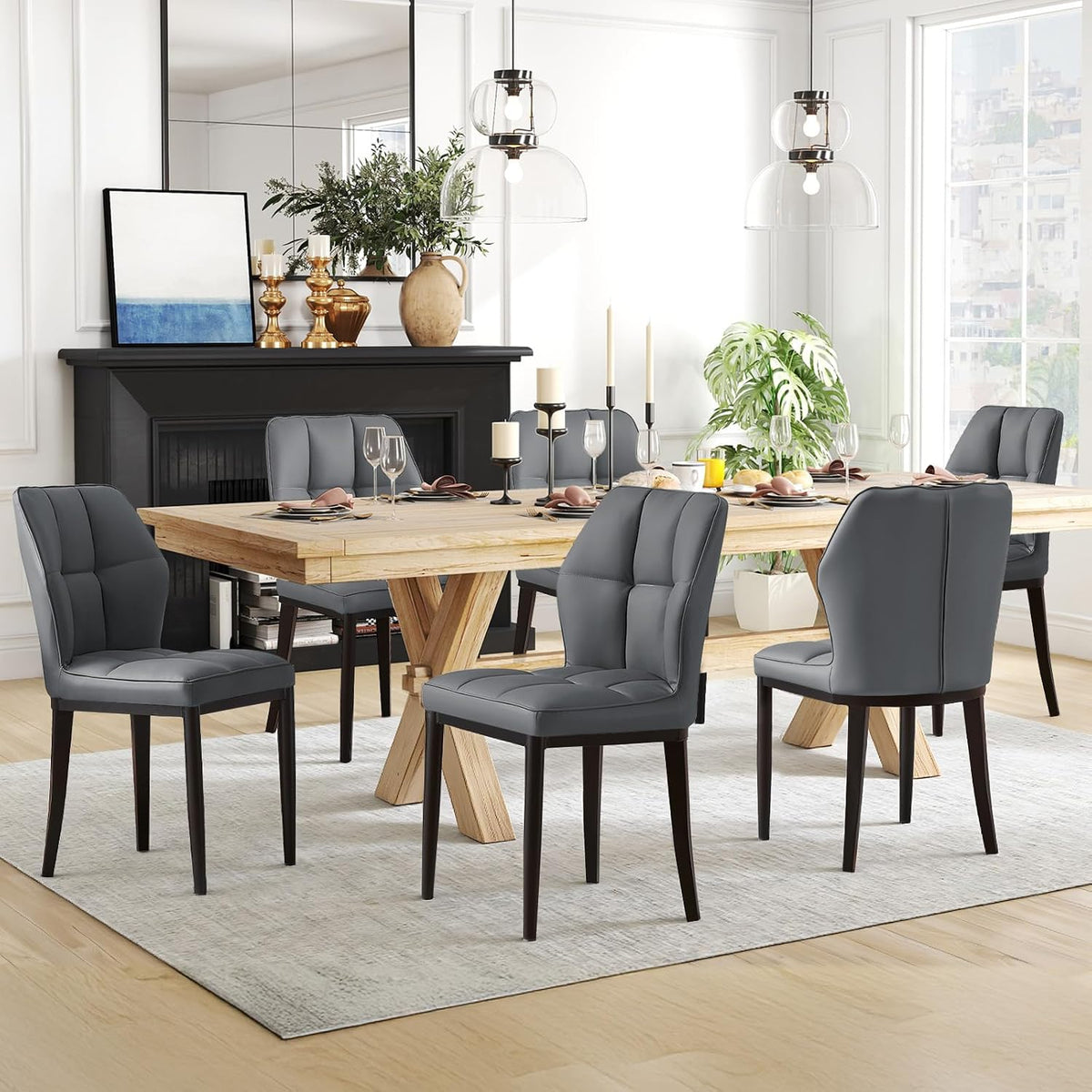 Esszimmerstuhl, Esszimmerstühle 6er Set, Moderne Kunstleder Dining Chairs ohne Armlehnen mit hoher Rückenlehne & Rautenmuster
