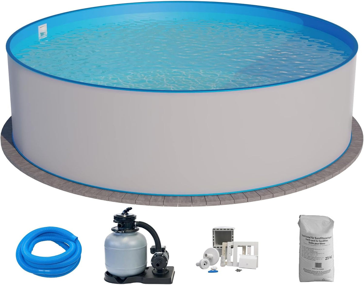 Planet Pool Stahlrahmenpool, Stahlwandpool Set rund Bermuda 600x120 cm, Stahl 0, 6 mm weiß, Folie 0, 6 mm blau, Einhängebiese