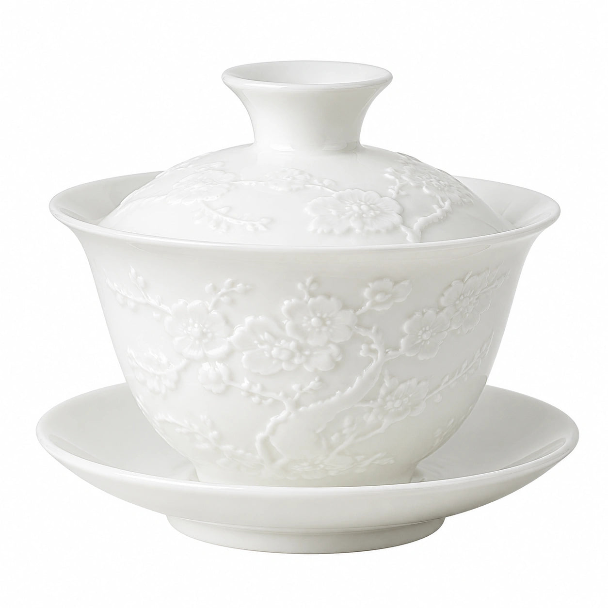 Porzellan Gaiwan 150 ml Weiß mit Blütenrelief für Teezeremonie