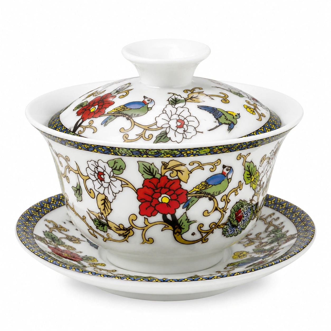 Gaiwan 150 ml aus Porzellan Weiß Mehrfarbig mit Blumen- und Vogelmotiv