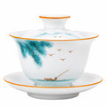 Porzellan Gaiwan Teeschale 150 ml Weiß Türkis mit Deckel und Untertasse