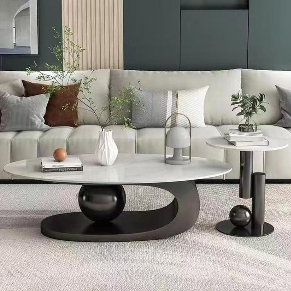 Couchtisch Ovale, e aus Stein für das Wohnzimmer, Mitteltisch mit Beistelltischen, 2er-Set, abstrakte Tische für das Wohnzimmer, Büro, Schwarz, 10