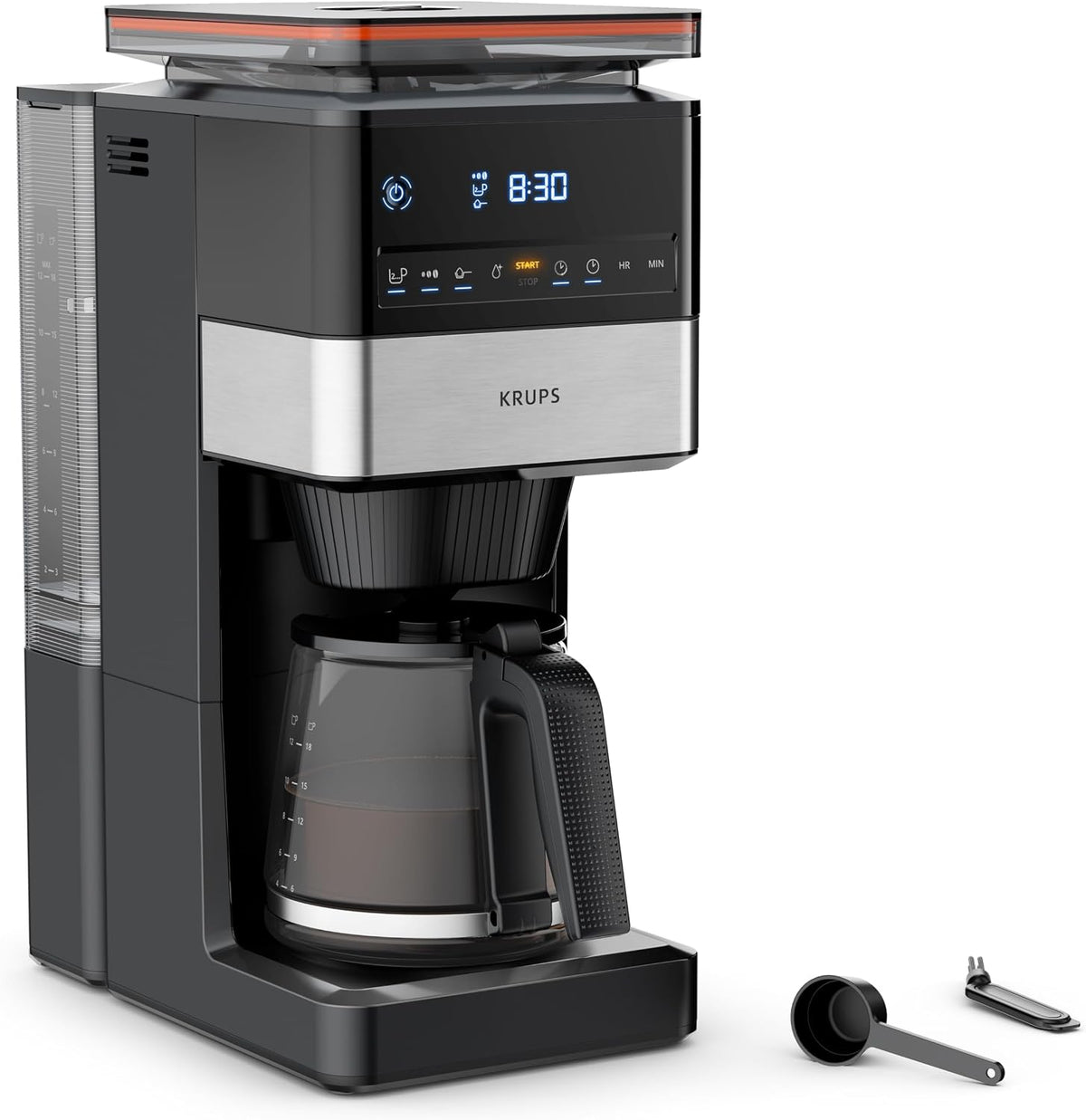 KRUPS Filterkaffeemaschinen, abnehmbares Kegelmahlwerk, digitales Bedienfeld, XL-Fassungsvermögen (1, 5 L), Warmhaltefunktion, Glaskanne