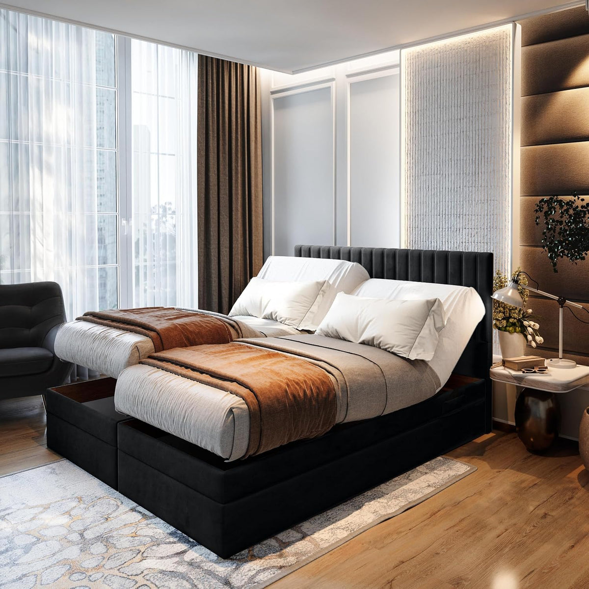 Bett Boxspring, ADÈLE 140 × 200 cm, elektrisch Bett mit Matratze + Tooper, TRADA