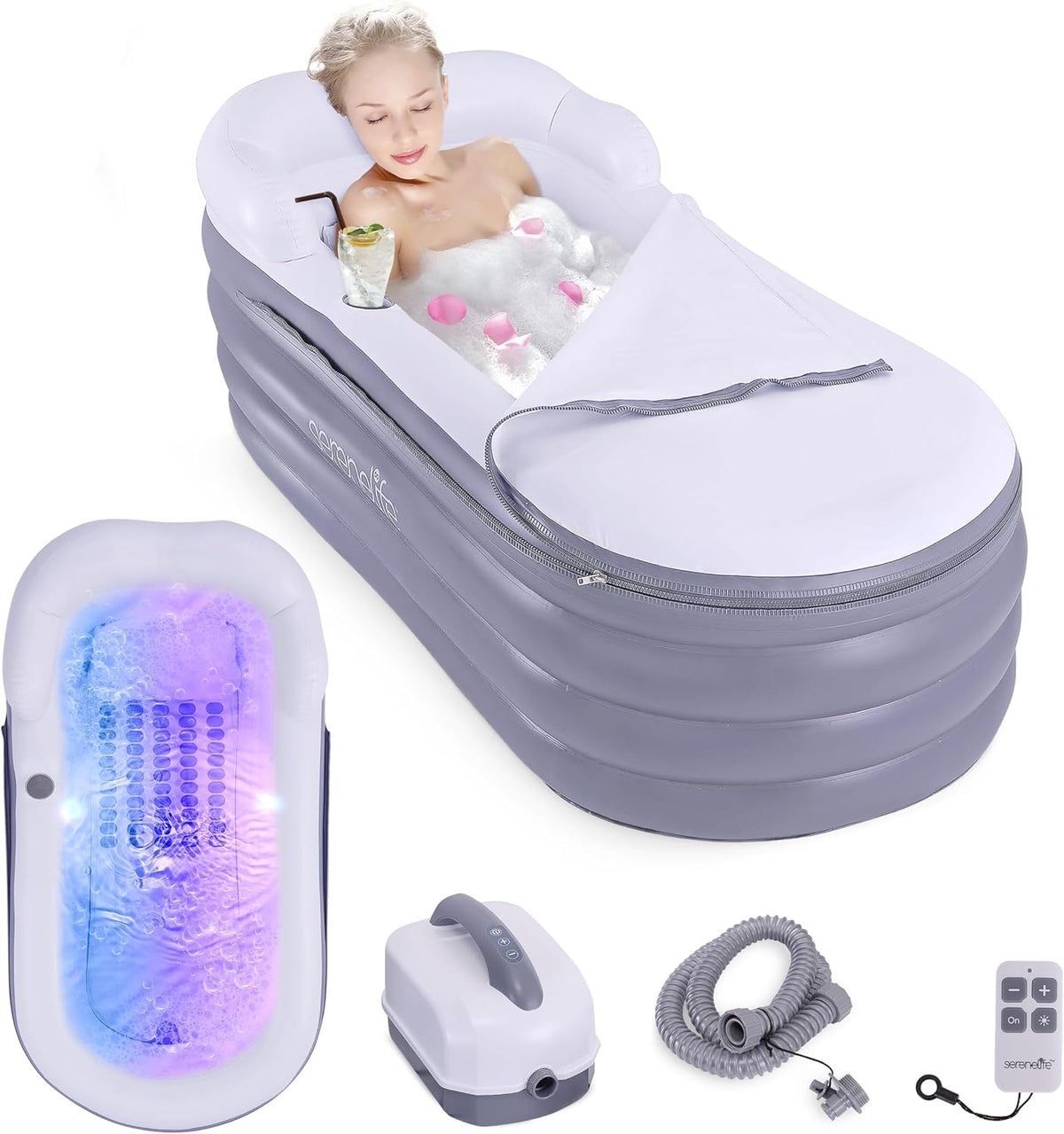 SereneLife Freistehende Badewannen, Aufblasbare Badewanne Erwachsene, 168×76 cm, Faltbar, Grau, Mit Bubble Sprudelmatte und LED-Licht, Inkl. Kissen