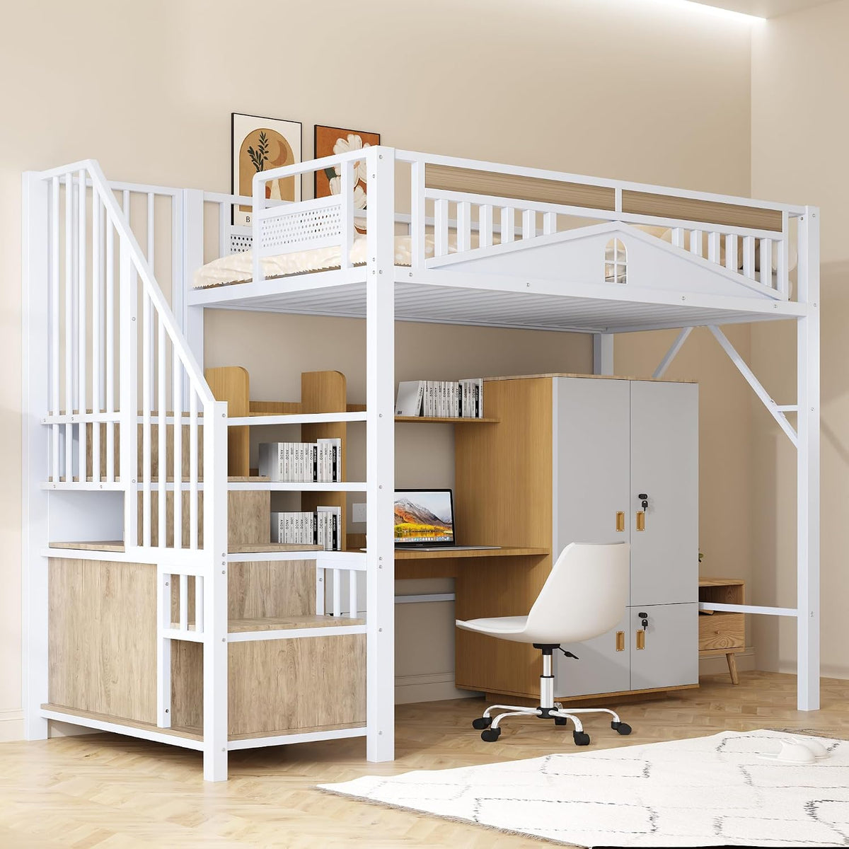 Kleiderschrank 90 200 1 Metall-Hochbett x cm multifunktionales Hochbett mit Schlafplatz Schrank und Leiter für Lagerung weiß (ohne Matratze und, Merax
