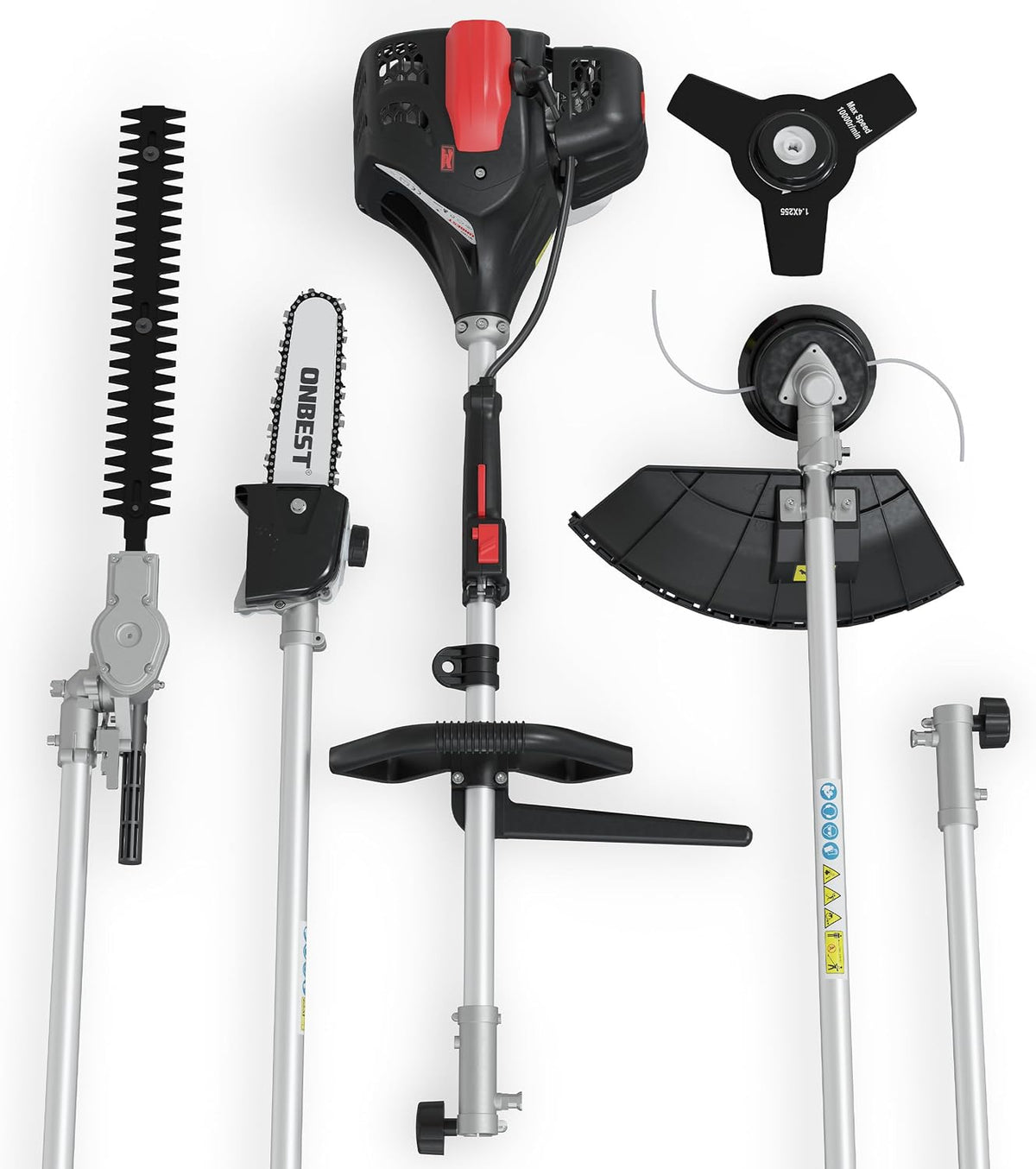 Onbest Rasentrimmer, 4in1 Benzin Multifunktionsgerät 1, 9 PS, Freischneider