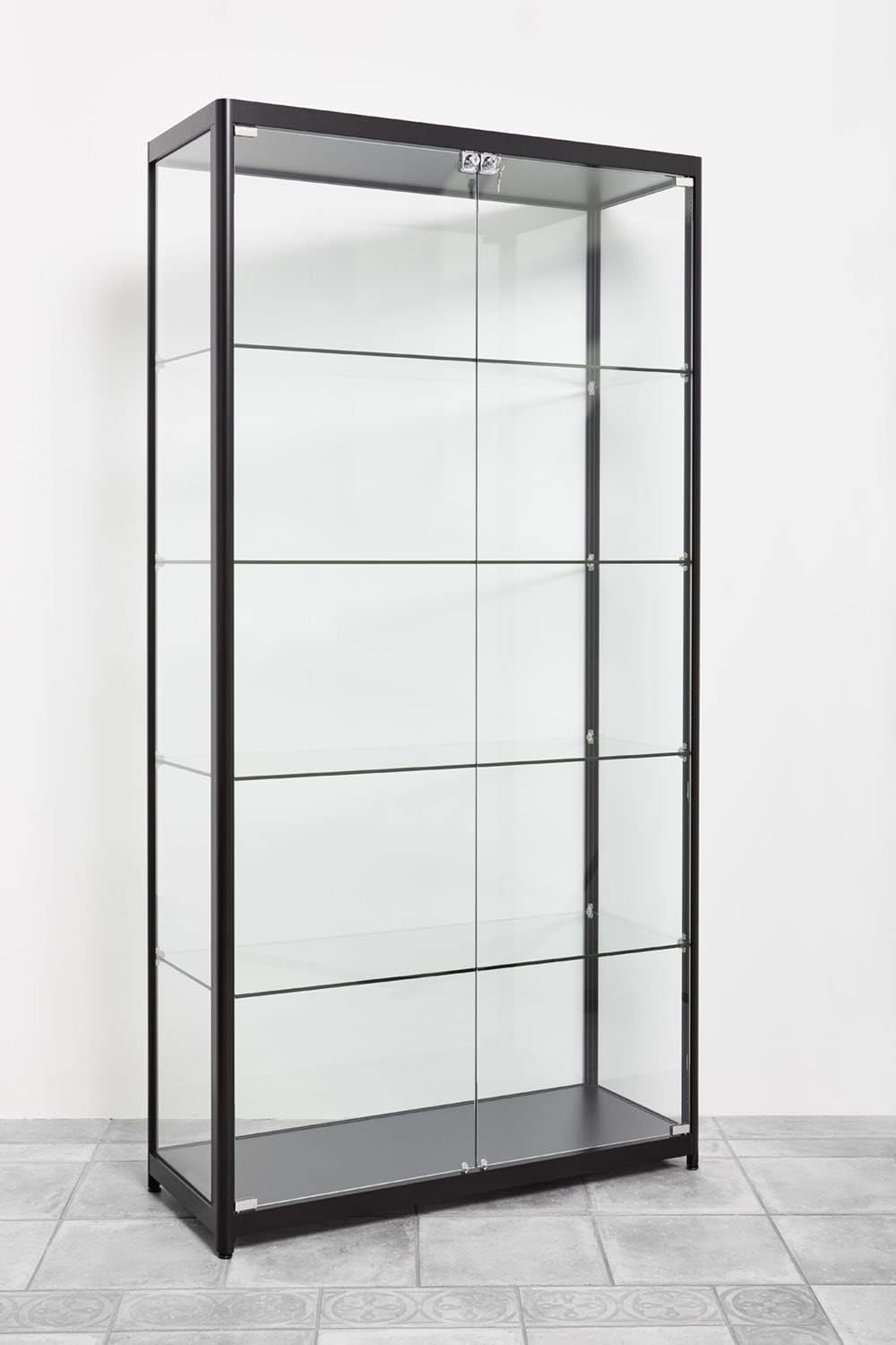 Aigentlich Glasvitrine, Verkaufsvitrine Glas mit LED-Beleuchtung B100xH198xT40cm, Vitrine schwarze Aluprofile, Ausstellungsvitrine mit 5 Ebenen