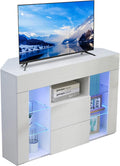TV-Lowboard, TV Eckschrank mit LED Beleuchtung, Weiß Hochglanz Lowboard für Wohnzimmer, Eckkommode Fernsehschrank für TV bis 50 Zoll