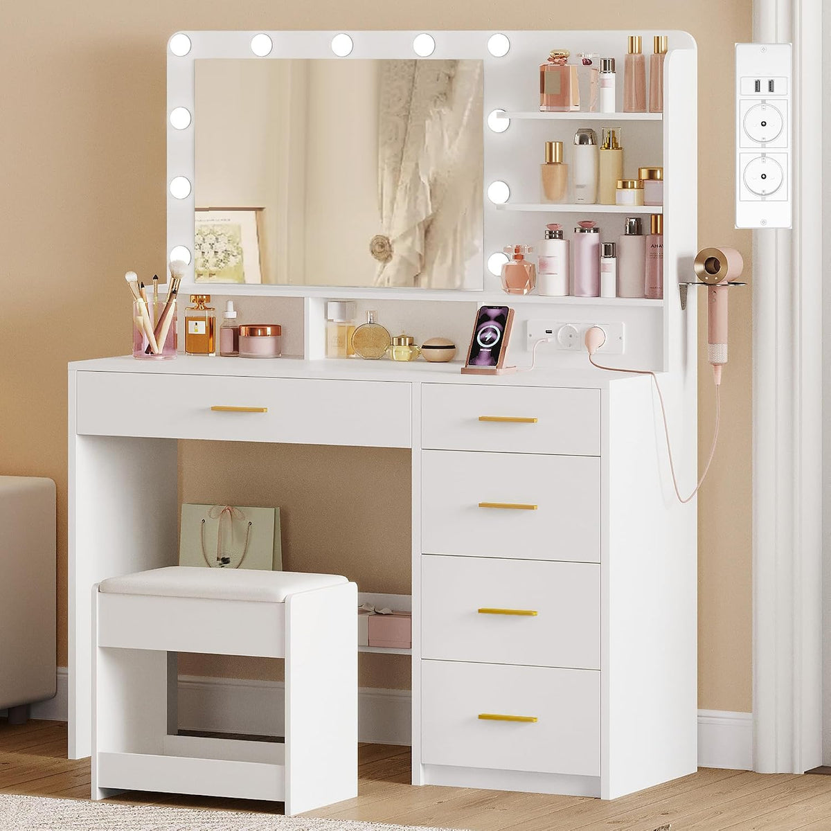 Schminktisch, mit 10 LED-Beleuchtung, Hocker, Weiß, Hzuaneri