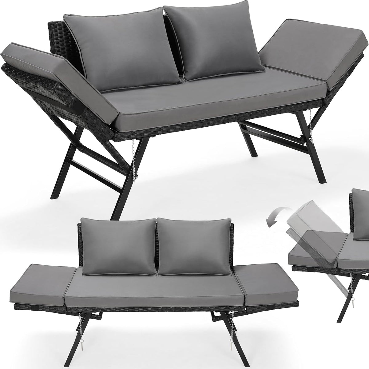 Sofa 2-Sitzer Gartenbank Polyrattan mit Liegefunktion Polyrattan-Möbel Rattan Garten, mit Verstellbare Armlehnen, Gartenbank Wetterfest für Terrasse