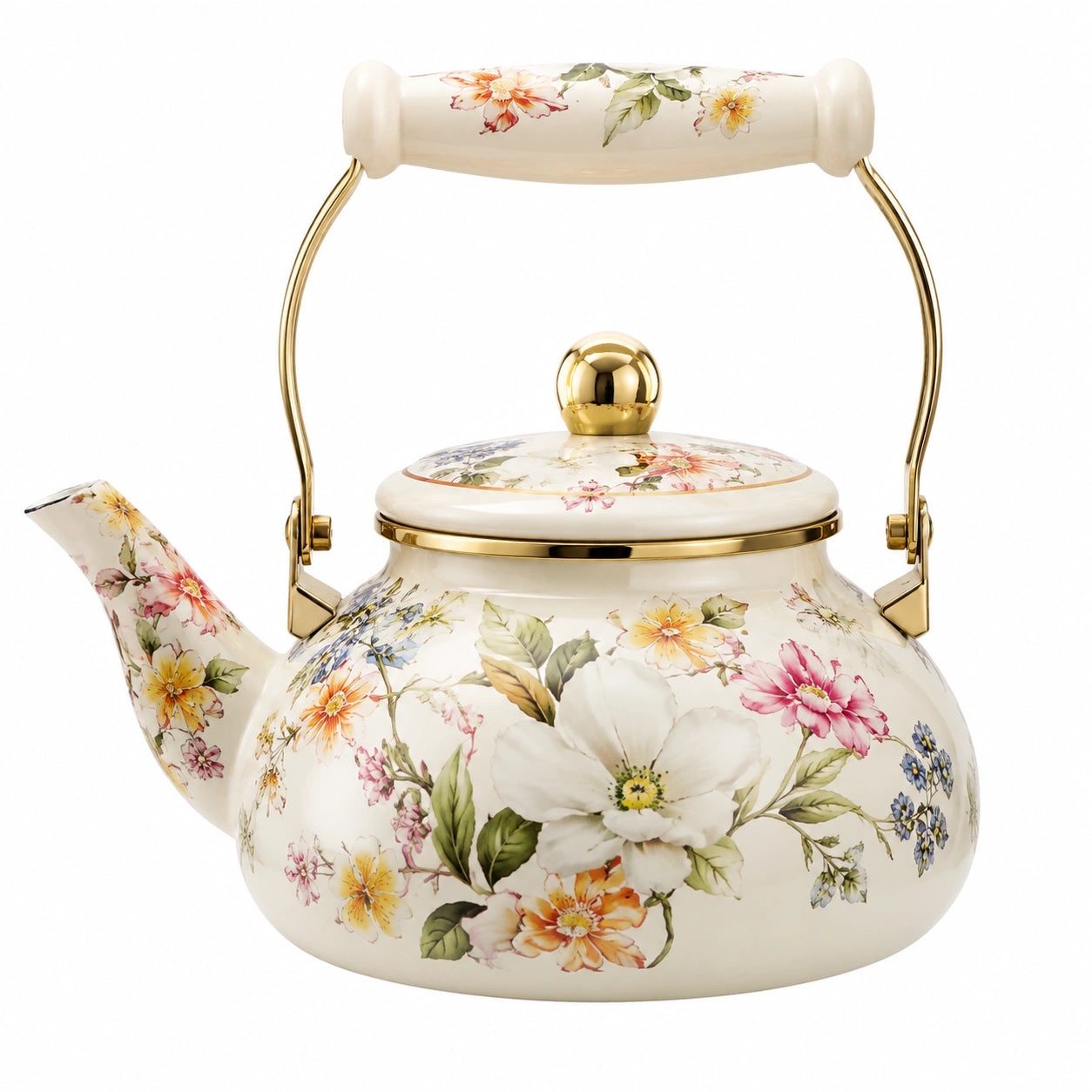Teekanne 1500 ml aus emailliertem Stahl elfenbeinfarben mit Blumenmuster und Tragegriff