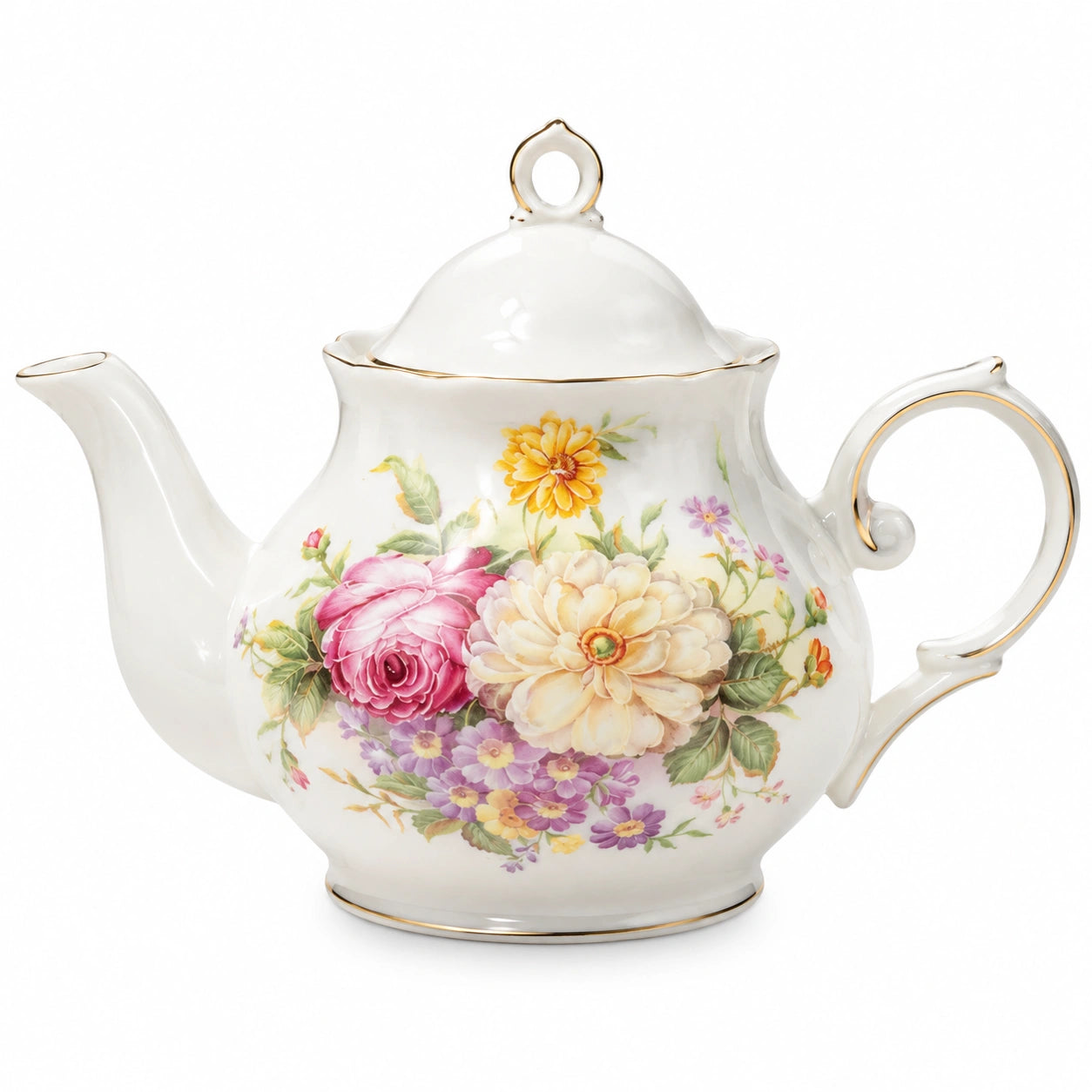 Porzellan-Teekanne 1000 ml Weiß mit Blumenmuster und Goldrand