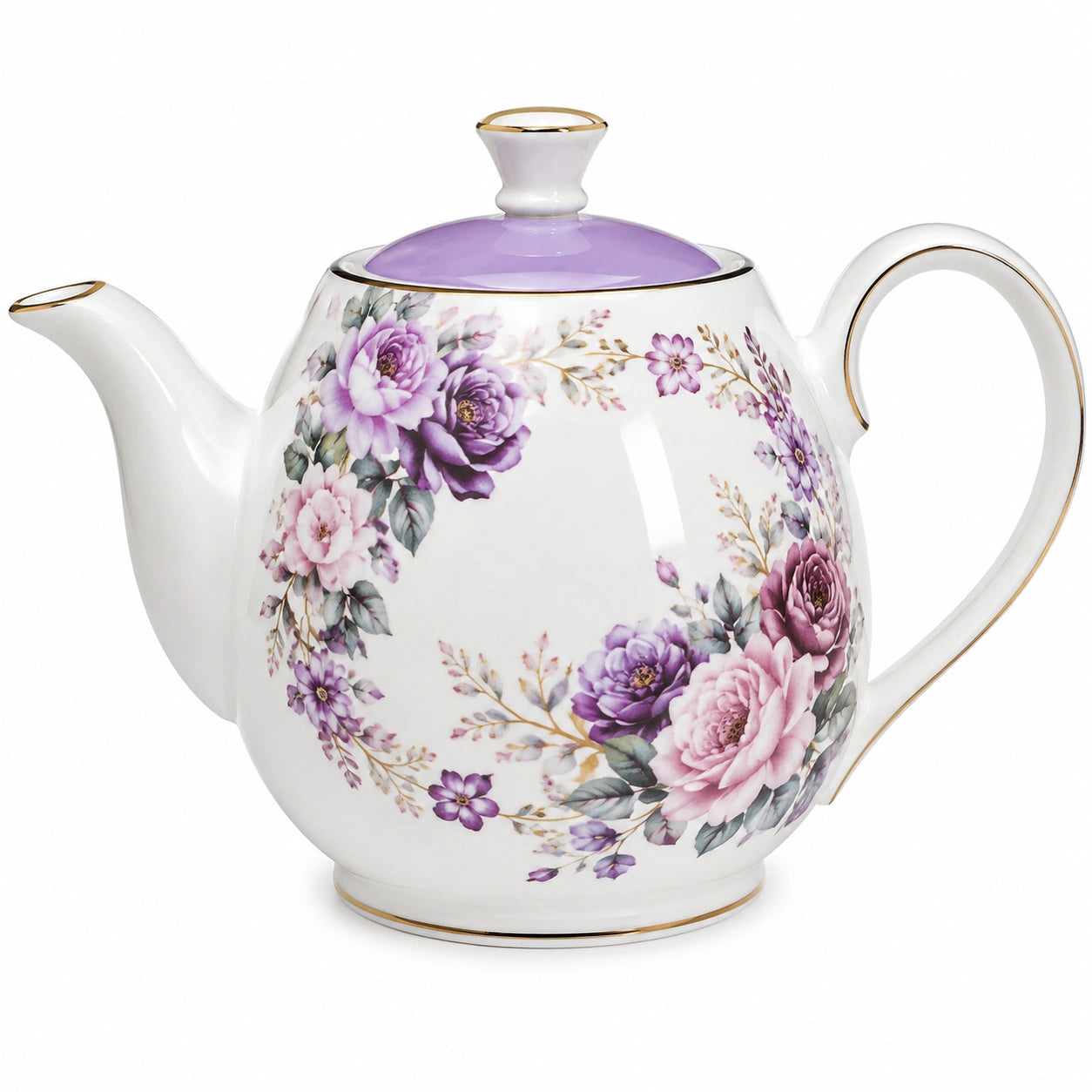 Porzellan Teekanne 1000 ml Weiß Lila mit Blumenmuster und Deckel