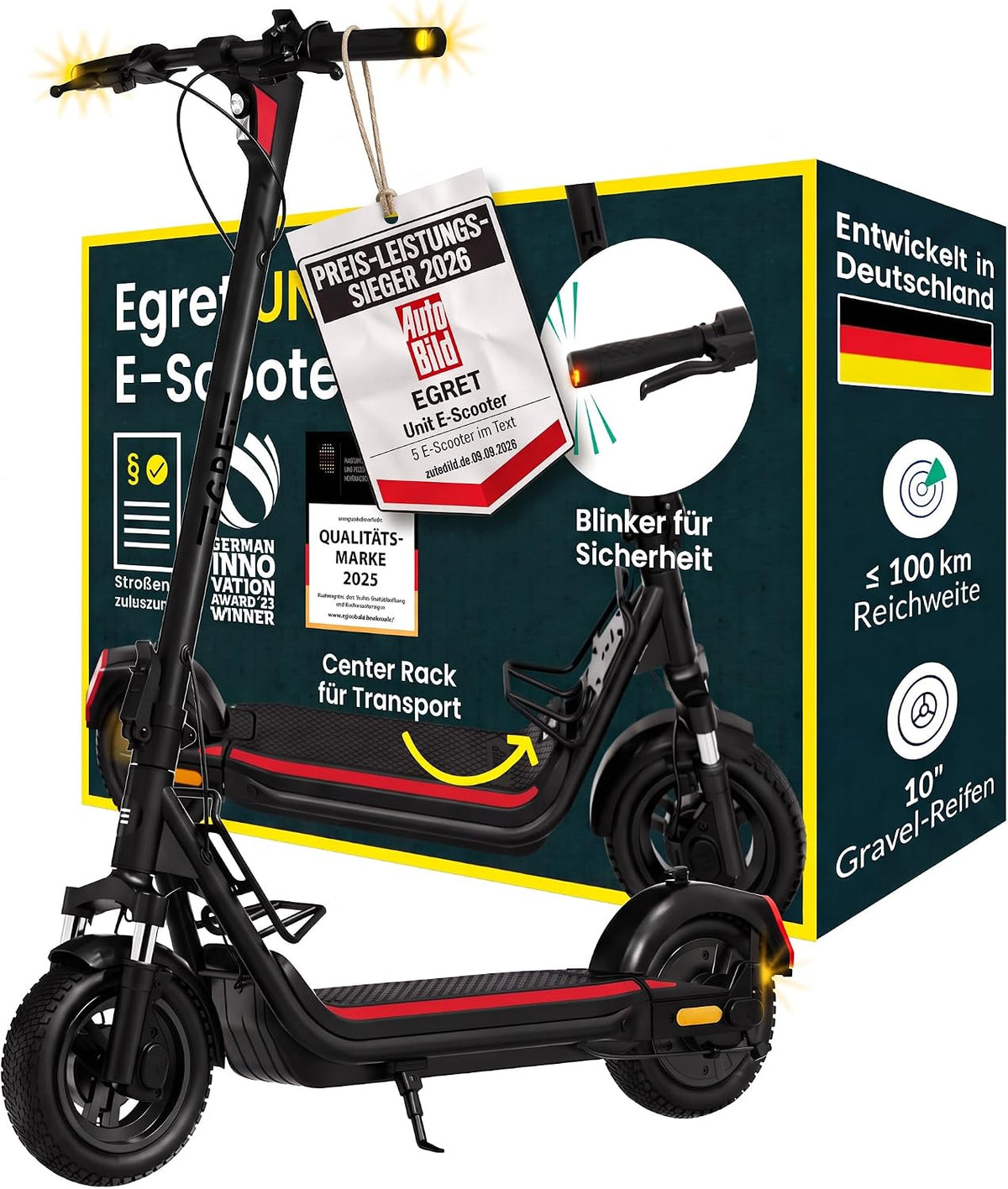 EGRET 2026 Neuerscheinung Unit E-Scooter, mit Straßenzulassung, 20 km/h, 100 km, Doppelfederung