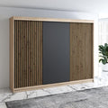 Kleiderschrank IOSA Schwebetürenschrank, 3-türig mit 4 Schubladen & 3D Lamellen, Garderobe 200 cm (Sonoma/Schwarz/Schwarz/Schwarz), A&J MöbelLand