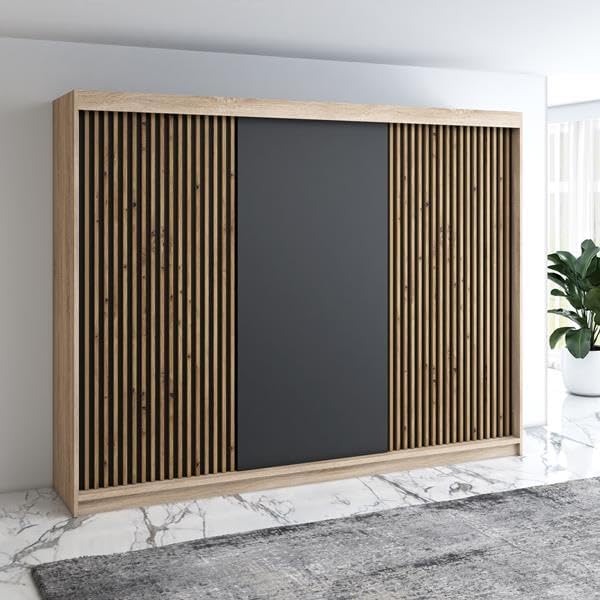 Kleiderschrank IOSA Schwebetürenschrank, 3-türig mit 4 Schubladen & 3D Lamellen, Garderobe 200 cm (Sonoma/Schwarz/Schwarz/Schwarz), A&J MöbelLand