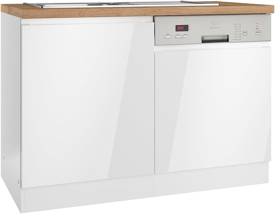 Tischgeschirrspüler, Spülenschrank mit Nische für Geschirrspüler, Hochglanz weiß, Arbeitsplatte Eiche, Lomadox