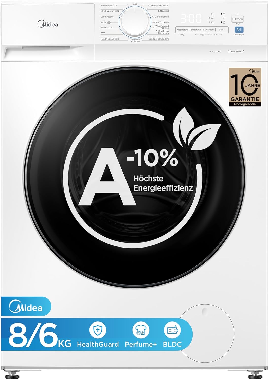 Midea Waschtrockner,   Waschtrockner 8/6 kg EEK A-10% 15 Min Schnellwäsche weiß