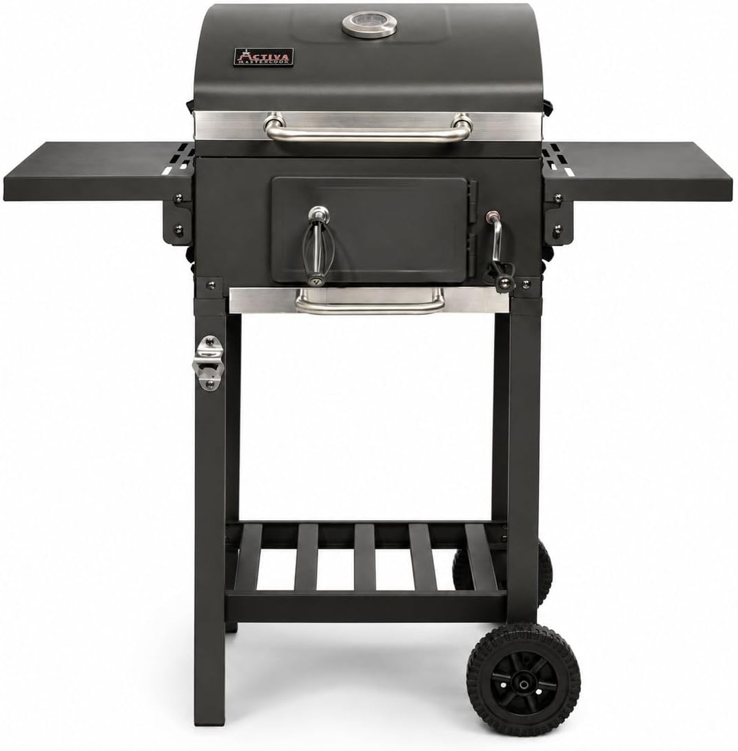 ACTIVA Holzkohlegrill Angular Smart mit Gusseisen-Grillrost I Grillwagen, mit Deckel