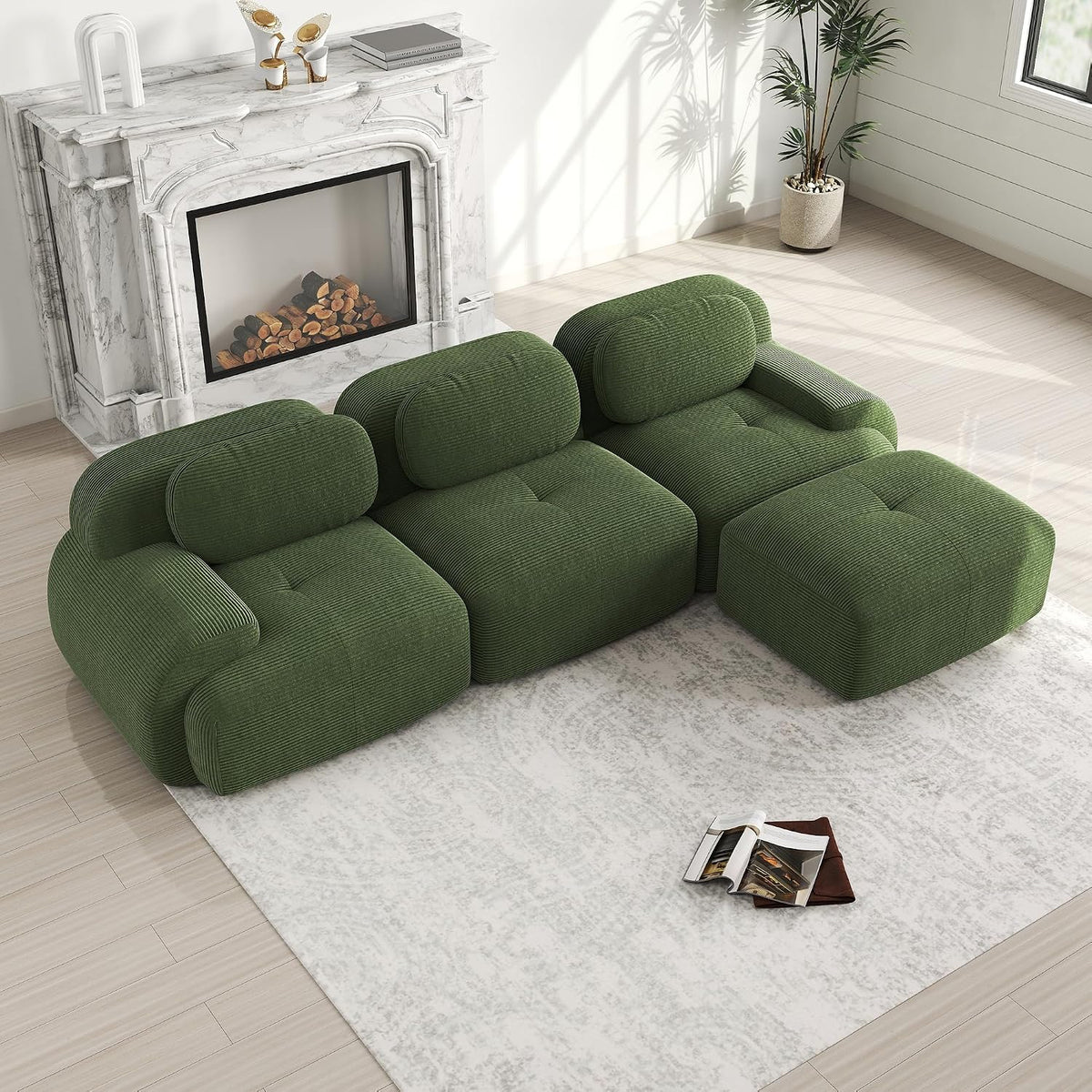 Sofa 3-Sitzer Modernes Cord, Modulares L-förmiges Ecksofa mit Ottoman Hocker, Ohne Montage, Cloud Polstersofa Couchs kombinierbar