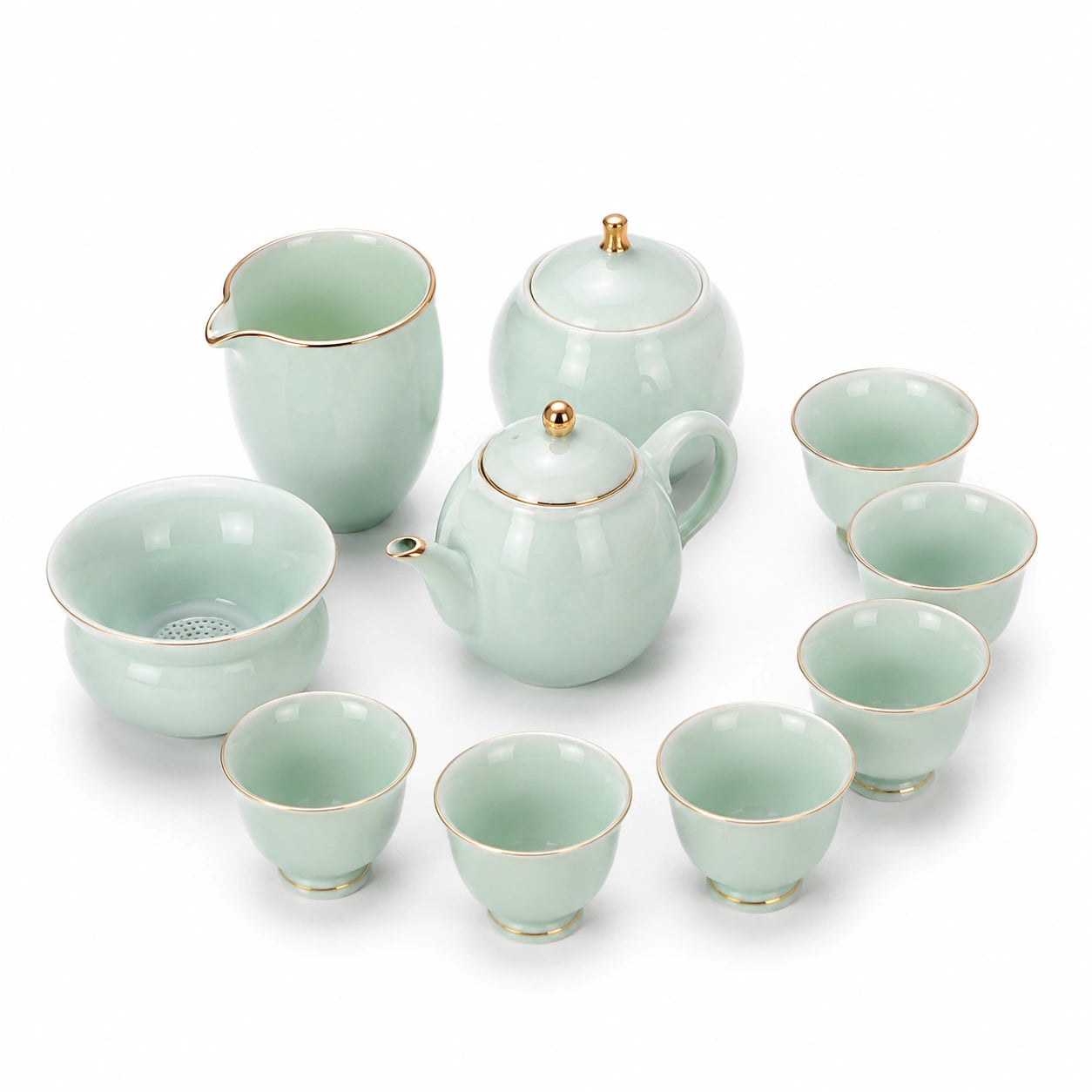 Teeservice 10-teilig für 6 Personen aus Porzellan in Mintgrün mit Goldrand