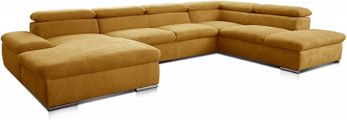 Sofa, Wohnlandschaft Alkatraz im modernen Design/U-Form mit Longchair links und Ottomane rechts/Inkl. Kopfteilverstellung/350 x 73 x 226/Gelb