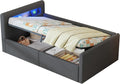 Kinderbett, 90 × 200 Polsterbett mit LED, USB & Bettkasten, Dunkelgrau, okwish